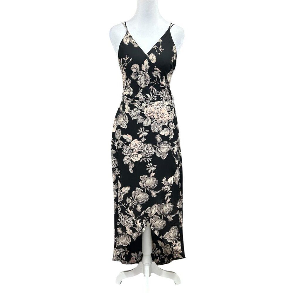 ASTR Black Floral Faux Wrap High Low Midi Dress Sz S
